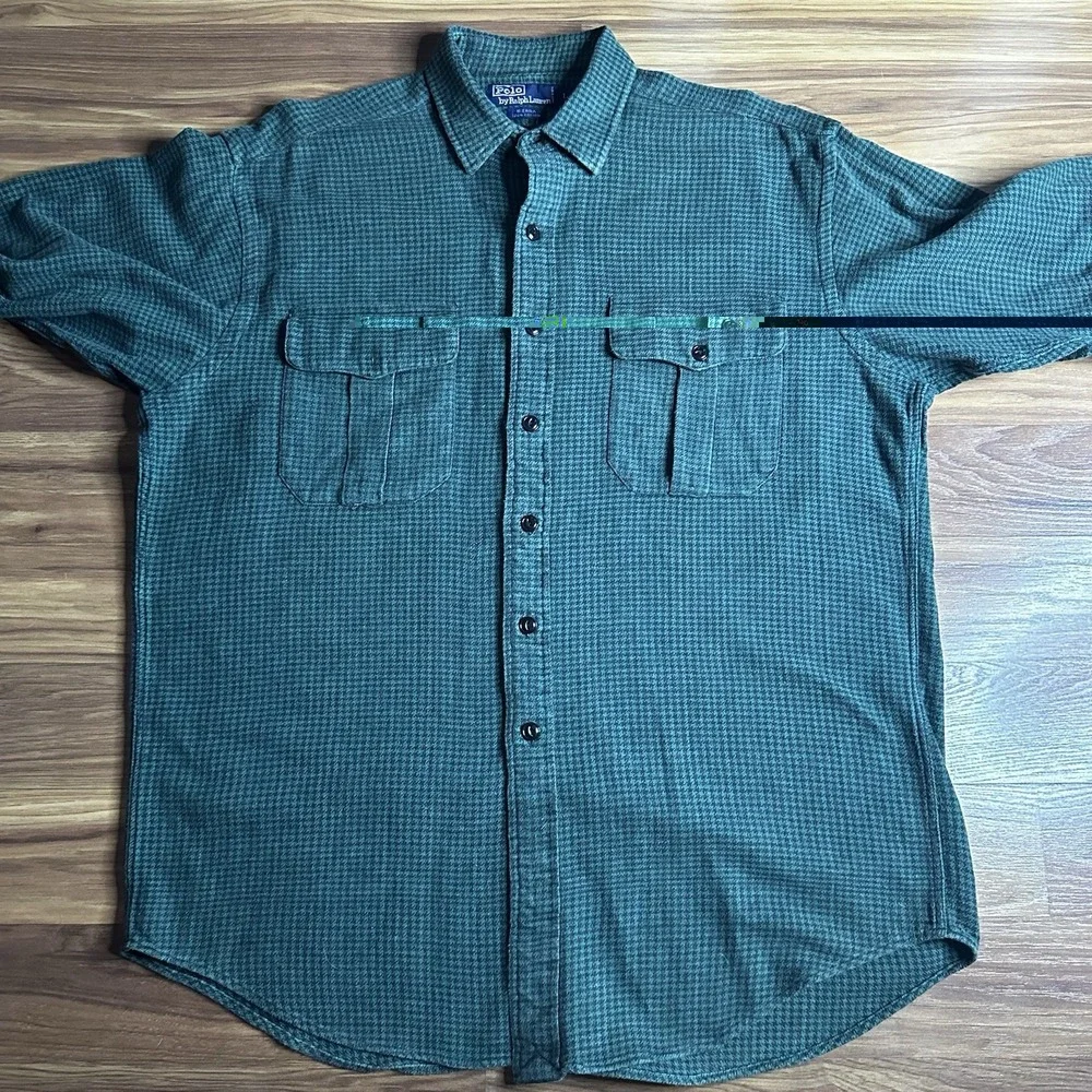 Vintage Polo Ralph Lauren Sierra Shirt Mens Large Green Herringbone Heavy Cotton